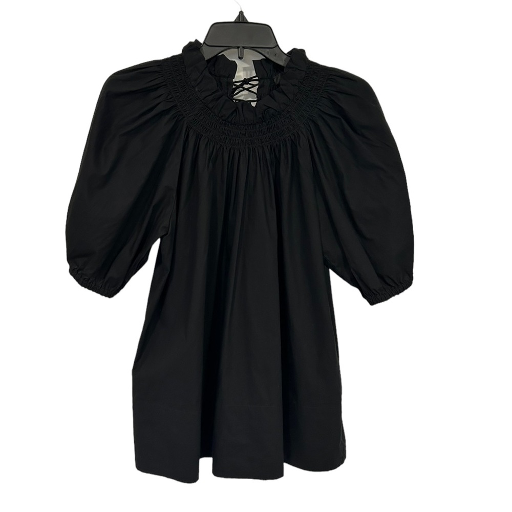J Crew Black Smocked Neck Lace Up Puff Sleeve Top Size XS EUC